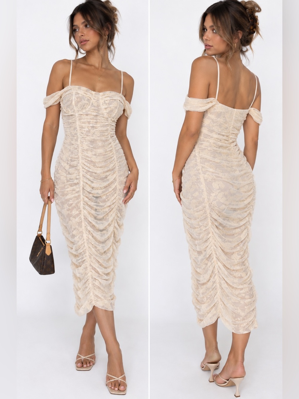 Coquette Mesh Ruched Off the shoulder Lace Midi Dress in Cream